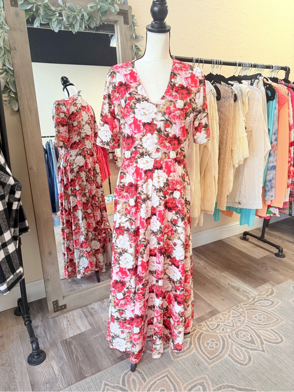 Agnes & Dora Red and White Floral Maxi Dress with V-Neck